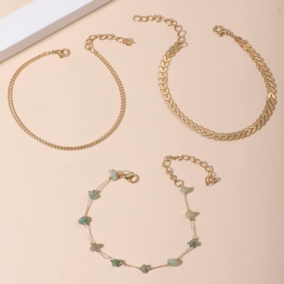 3 Piece Anklet Set Gold Jade Tone Stone Arrow Design AN01 - Picture 2 of 4